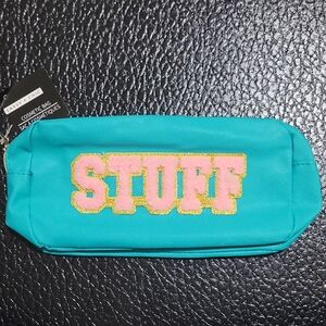 Sassy + Chic Teal with Pink 'STUFF' Embroidery Cosmetic Bag